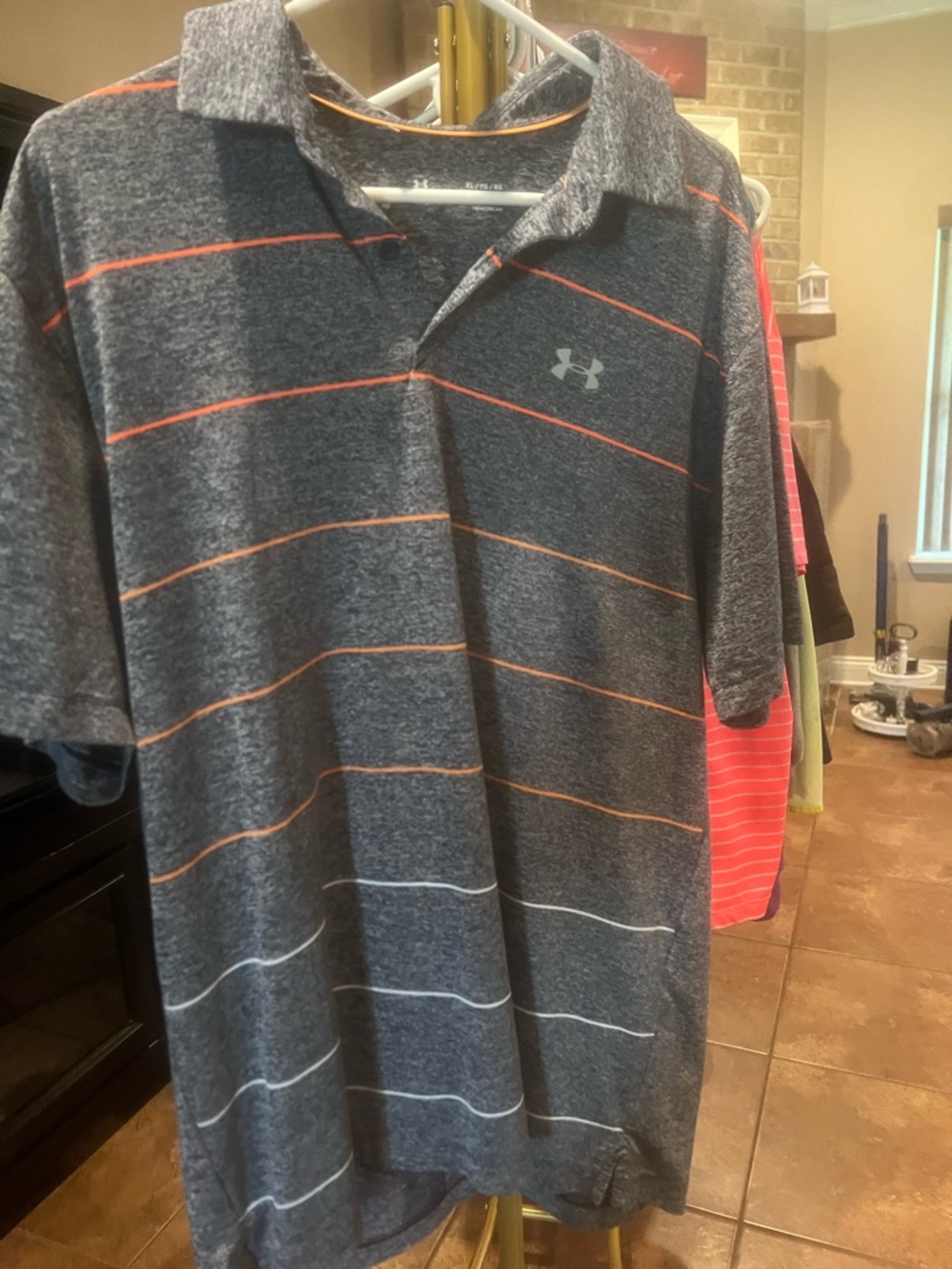 Under Armour Men’s Dark Gray Polo with Orange & White Stripes